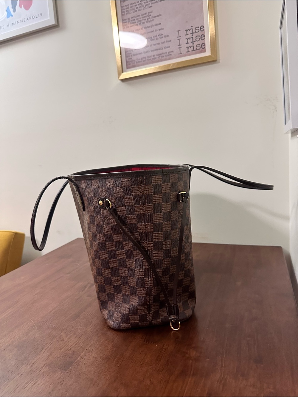 Louis Vuitton Brown Damier Ebene Tote with Red Lining - Picture 5 of 10
